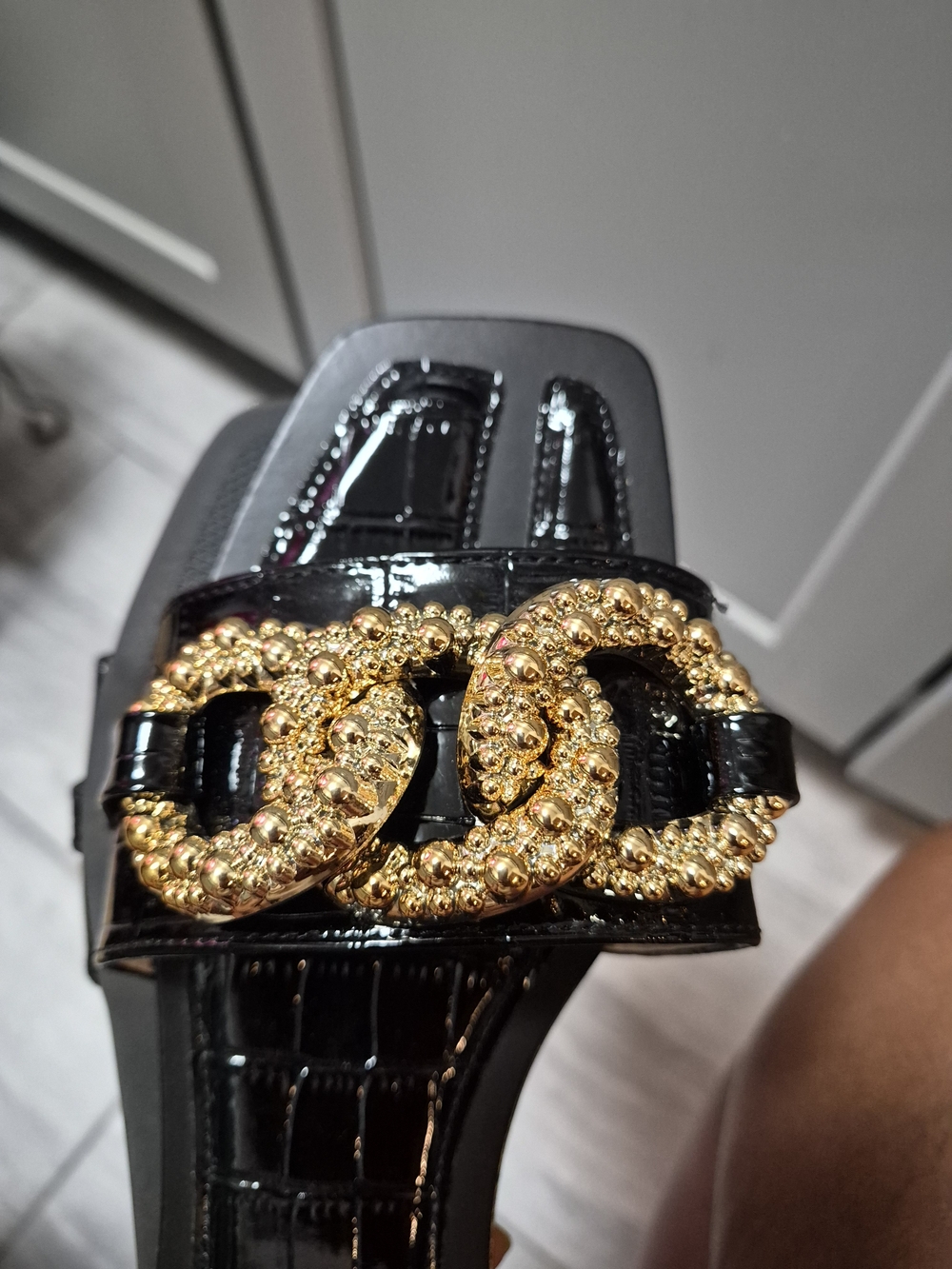 Black Patent Slide Sandal with Embellished Gold Ring Detail Size 11